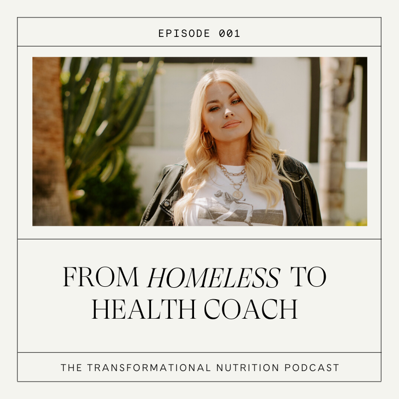 This image depicts the title of the first podcast episode, "From Homeless to Health Coach" while also showing an image of ITN Founder, Cynthia Garcia.